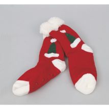 Chaussettes rouges antidérapantes avec un chapeau vert.