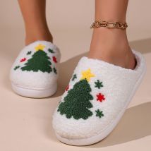 Chaussons de Noël pour femmes, sapin de Noël, mignons, rétro, doux, en peluche, chauds