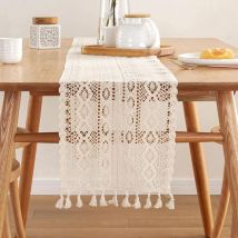 Chemin de Table en Macramé Beige, 24 x 240 cm Chemin de Table en Dentelle Vintage avec Glands, pour Mariage Bohème, Décoration de Table à Manger à la