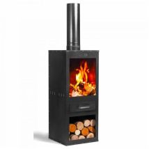 Cookking - Poêle À Bois D'Extérieur Rosa, Avec Rangement Pour Bois, Acier Naturel 111485