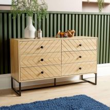 Home Source - Chest 6 Drawers Aztec Design Oak Effect Metal Legs Bedroom Storage Furniture