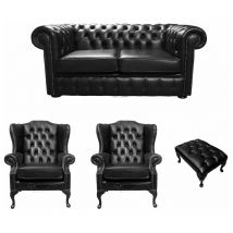 Chesterfield 2 Seater Sofa + 2 x Mallory Wing Chairs + Footstool Old English Black Leather Sofa Offer
