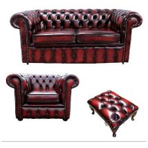 Chesterfield 2 Seater Sofa + Club Chair + Footstool Leather Sofa Suite Offer Antique Oxblood