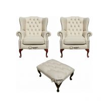 Chesterfield 2 x Mallory Wing Chair + Footstool Leather Sofa Suite Offer Ivory