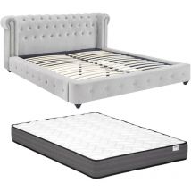 Vente-unique - Chesterfield-Bett + Matratze - 160 x 200 cm - Samt - Hellgrau - tongerla