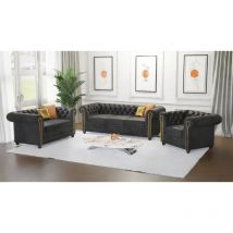 Jule - Chesterfield Polstergarnitur 3+2+1 Aus Anthrazit Vintage Optik Microfaser Mit Holzfüßen
