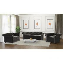 Kero - Chesterfield Polstergarnitur 3+2+1 aus Schwarz Samt-Stoff mit Holzfüßen