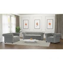 Kero - Chesterfield Polstergarnitur mit Schlaffunktion 3+2+1 aus Grau Samt-Stoff mit Holzfüßen