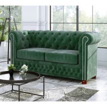 S-style Möbel - Chesterfield Lothar Sofa 2-Sitzer aus Grün Samt mit Holzfüßen
