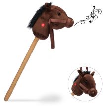 Relaxdays Cheval à bâton enfants, effet sonore hennissements, bruits de sabots, jouet en bois, peluche jeu, 67 cm, brun