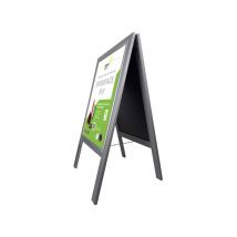 Chevalet stop trottoir bois gris avec porte affiche alu format A1 - Dimensions 126 x 67,5 cm