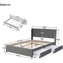 L&h-cfcahl - Lit Tapissé 140 x 200 cm Velours Avec Sommier à Lattes Dossier 2 Tiroirs, Gris l&h