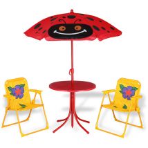 Spielwerk Children's Outdoor Seating Set Kids Garden Furniture 2x Floral Folding Chairs Round Table UV40 Umbrella with Ladybug Design Red & Yellow
