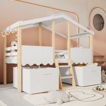 Children's bed, Mid Sleeper Bed Frame Storage Kids Wooden bed with Drawers Shelf Storage 3ft Single (90 x 190 cm), Pine wood + particle board, White