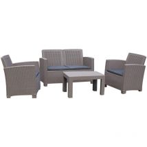 Chillvert - Set da Giardino Santorini in Resina 1 Divano 2 Posti + 2 Poltrone + 1 Tavolo Beige con Cuscini Grigi