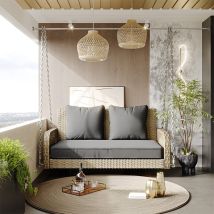 Chingnimon 2-sitzer Garten-schaukel Aus Beige Rattan Mit Abnehmbaren Grauen Kissen, Metallketten, 160 Kg Pro Person