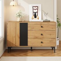 Chingnimon Moderner Sideboard 120 X 35 X 76 Cm Holzoptik Mit Schwarzen Vertikalen Streifen, 1 Tür + 3 Schubladen, Schwarze Metallfüße