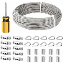 Choyclit - Cable Inox 3mm,50M/3mm Corde en Acier Inoxydable,Cable en Acier Revêtu avec Serre Câbles,M3 Manchons,Cosses en Acier Inoxydable,3mm Cable