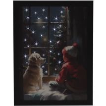 Christmas Fibre Optic Canvas Art Child And Yellow Labrador In Winter Nighttime Snowy Wonderland Light Up led