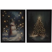 Set of 2 Fibre Optic Canvas Art Snowman Christmas Tree Winter Light Up LED