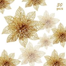 Christmas Flowers, 30 Glitter Christmas Flowers, Hollow Glitter Christmas Flower Poinsettia Christmas Tree Artificial Flowers Decor Ornament