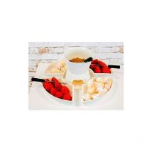 Christmas Fondue Set 10pc White Ceramic Tealight Candle Cheese/Chocolate Fondue Set with 4 Half Moon Serving Dishes Stainless Steel Forks. Microwave