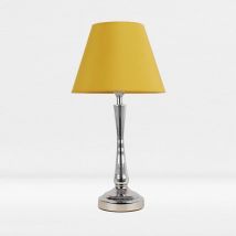 Chrome Plated Bedside Table Light with Detailed Column Ochre Fabric Shade - Polished chrome plate and textured ochre cotton