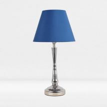 First Choice Lighting - Chrome Plated Bedside Table Light with Detailed Column Blue Fabric Shade - Polished chrome plate and textured blue cotton