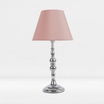 Chrome Plated Bedside Table Light with Detailed Column Blush Pink Fabric Shade - Polished chrome plate and textured blush pink cotton
