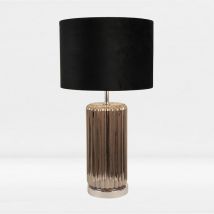 Chrome Smoke Fluted Glass Lamp with Black Velvet Shade - Brushed chrome plate with chrome smoke glass detail and black velvet