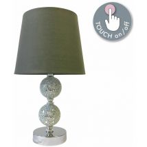 Mosaic Touch Lamp with Grey Shade - Polished chrome plate with mirrored mosaic glass detail and grey cotton