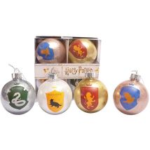 Set 4 Sfere Decoupage Ornamentali Harry Potter Casate Hogwarts Glitter (ø8cm) Originali Wizarding World Con Nastro In Tessuto Per Albero Di Natale In 