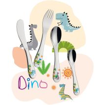 Couverts enfants Dino 4 pièces – Cilio – Inox – Adaptés aux enfants à partir de 3 ans – Lavables au lave-vaisselle