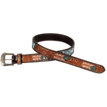 Pool's - Cintura western unisex con perline e incisione di piume: 30', Marrone Naturale e Bianco e Turchese