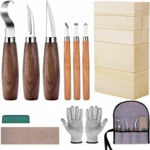 Ciseau à bois, Set de couteaux à sculpter avec blocs de bois, set comprenant 6 couteaux à sculpter en bois, 8 blocs de bois et des gants agrandis