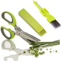 Ciseaux à Herbes,Ciseaux de 5 Lames Ciseaux Fines Herbes pour Fines Herbes Aromatiques Equipé de Peigne Nettoyage Vert-gris