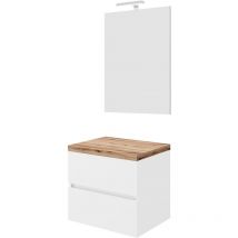 Saniverre - city Meuble simple vasque à poser 2 tiroirs Blanc et plan chêne naturel largeur 60 cm + miroir