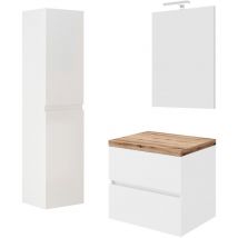 CITY Meuble simple vasque à poser 2 tiroirs Blanc et plan chêne naturel largeur 60 cm + miroir + colonne