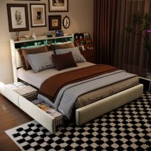 Cjhxe Bett Mit Schubladen 160x200 Cm - Mit 4 Schubladen Und Kopfteil, Usb- Und Type-c-ladeanschluss, Lattenrost, Mit Led-beleuchtung, Stauraum