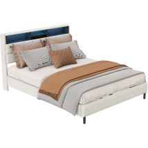 Cjhxe Gepolstertes Doppelbett 140 X 200 Cm, Bett Mit Stauraum Und Lattenrost, Modernes Bettgestell, Mit Led-beleuchtung Und Usb-c-anschluss