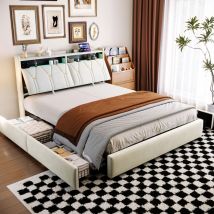 Cjhxe Polsterbett 140 X 200 Cm Mit Stauraum (4 Schubladen), Doppelbett Mit Led-beleuchtung Und Ladestation, Bettrahmen