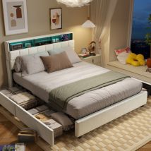 Cjhxe Polsterbett 140 X 200 Cm, Stauraumbett Mit 4 Schubladen, Doppelbett Mit Led-beleuchtung, Kopfteil Mit Usb-anschluss, Lattenrost