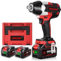 1800Nm Clé à Chocs Sans Fil Brushless,3 vitesses,1/2 ' Boulonneuse a Choc avec 2x588VF Batterie - coffret de transport - rouge - Onevan