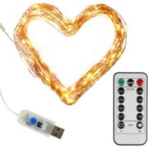 10002 - Mini Catena Luminosa A Led Con Porta Usb E Telecomando, Diverse Funzioni, 100 Led In Bianco Caldo, 10 M, Filo Di Rame, Interno 5 Volt - Clauss