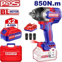 Boulonneuse à chocs compacte clé à chocs 1/2 sans fil Emtop 20v batterie li-ion 20v 850 nm avec 2 batteries 4.0ah + 1 chargeur + 3 douilles profondes
