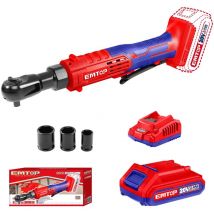 Clé à cliquet sans fil Emtop 20v - 65nm - 3/8 - avec 1 chargeur + 1 batterie lithium-ion 2.0ah + 3 douilles