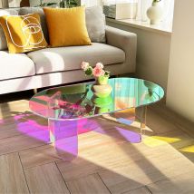 Unho - Clear Acrylic Coffee Table, Oval Iridescent Side End Table Rainbow Colors Home Living Room