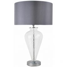 First Choice Lighting - Clear Glass Table Lamp with Grey Fabric Shade - Polished chrome plate with clear glass detail and grey taffeta