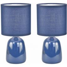 Cleo - Set of 2 Navy Blue Ceramic 26cm Lamps With Shades - Navy blue glaze and navy blue cotton