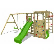 Wooden climbing frame ActionArena with swing set and slide, Garden playhouse with climbing wall & play-accessories - apple green - Fatmoose
